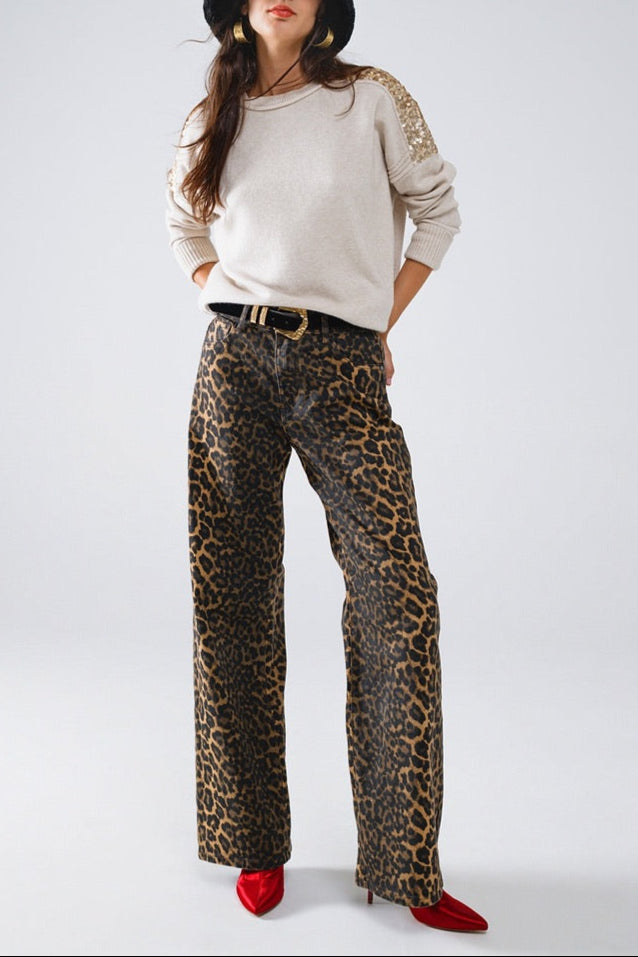 High Waist Wide Leg Leopard Jeans