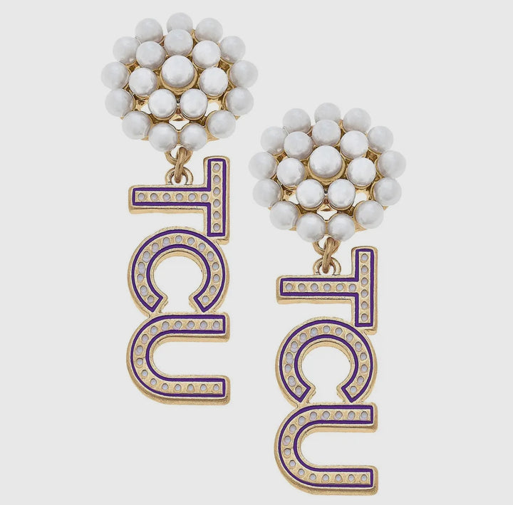 TCU Horned Frogs Pearl Cluster Dotted Enamel Drop Earrings