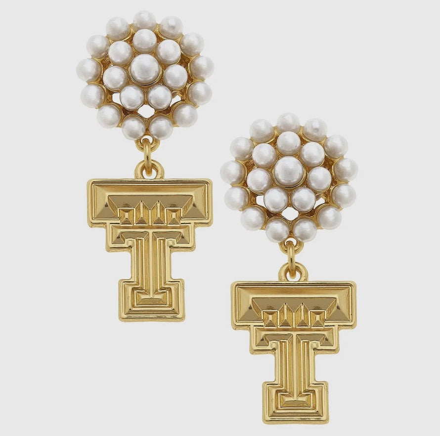 Texas Tech Red Raiders Pearl Cluster 24K Gold Earrings