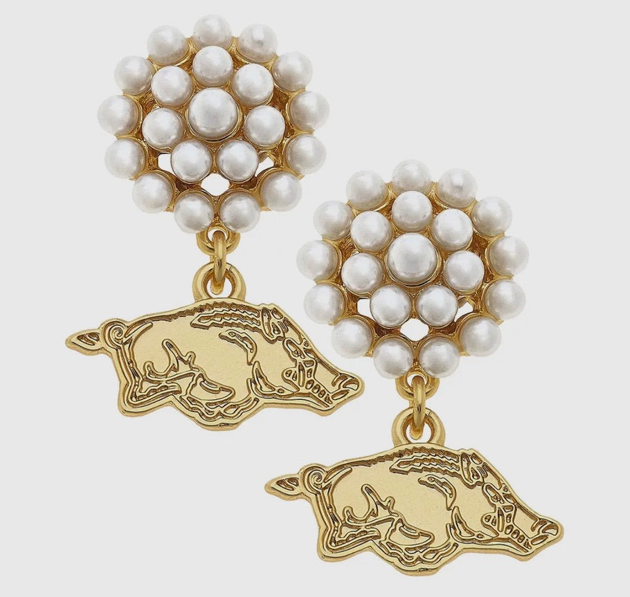 Arkansas Razorbacks Pearl Cluster 24K Gold Plated Earrings