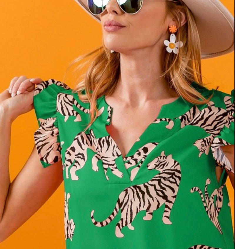 Kelly Green Tiger Print Top