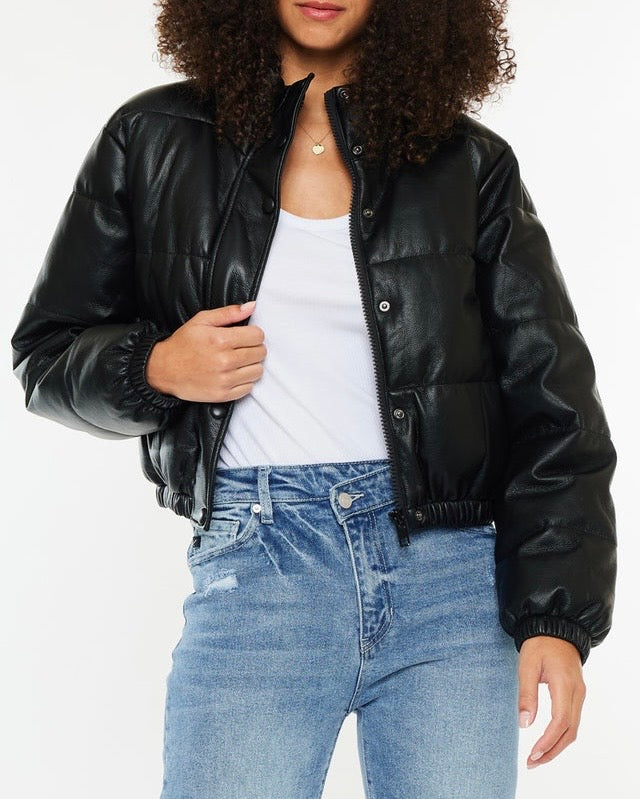 Cropped Vegan Leather Bomber Jacket