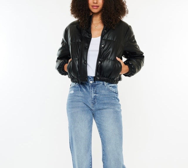 Cropped Vegan Leather Bomber Jacket