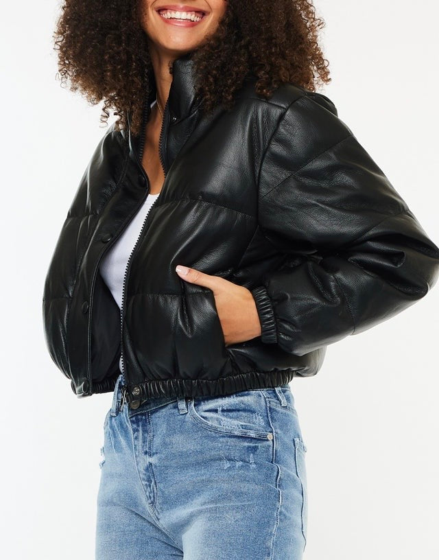 Cropped Vegan Leather Bomber Jacket