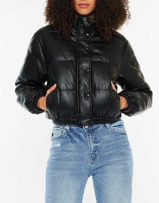 Cropped Vegan Leather Bomber Jacket