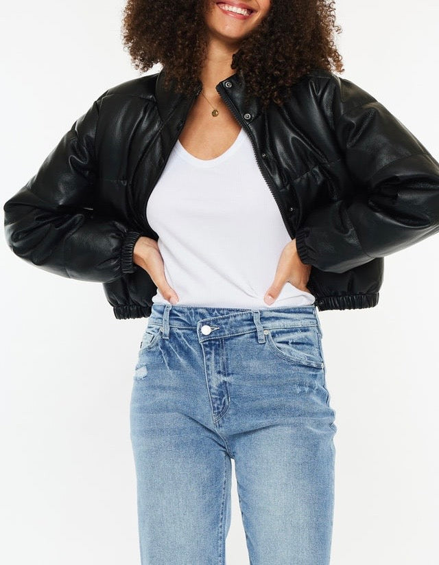 Cropped Vegan Leather Bomber Jacket