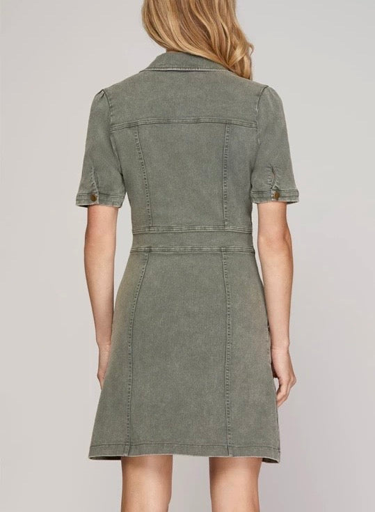 Olive Green Mineral Washed Zip Front Dress