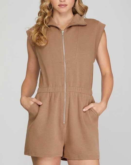 Knit Zip Front Romper in Mocha