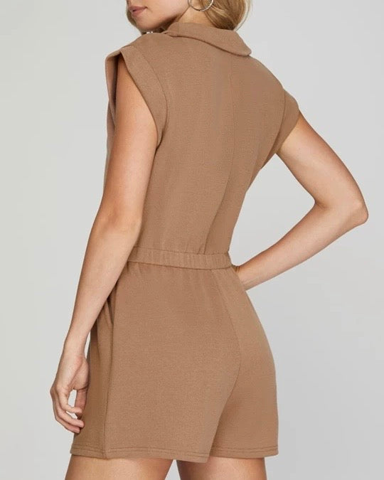 Knit Zip Front Romper in Mocha