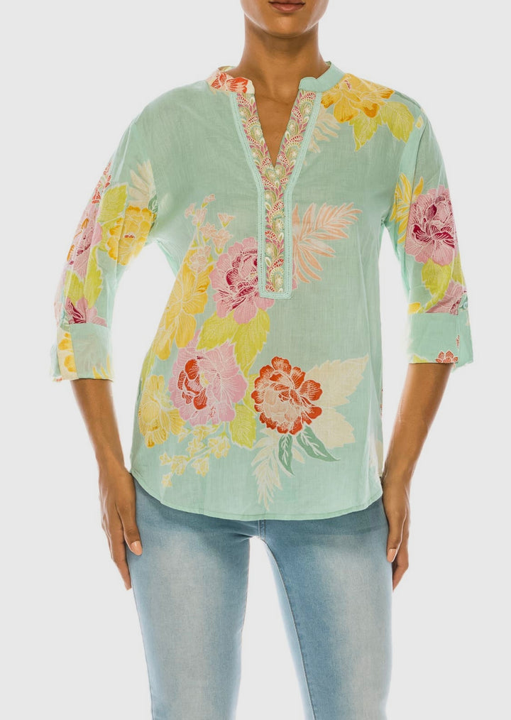 Tropical Floral Printed Tunic with Embroidery