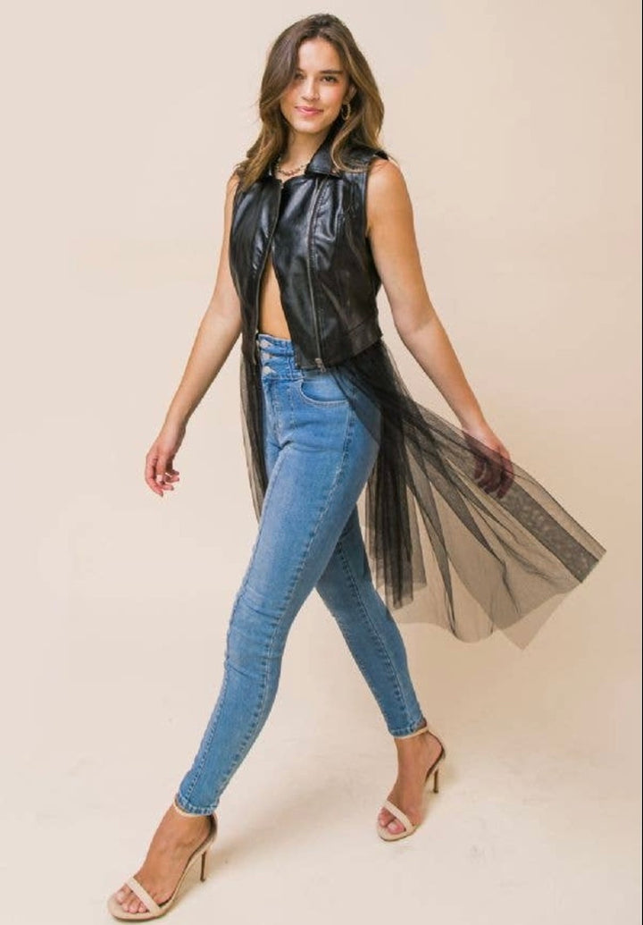 Vegan Leather Moto Vest with Tulle Skirting