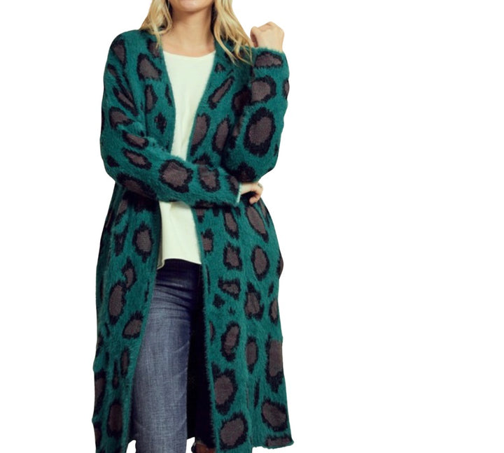 Forest Green Leopard Print Fuzzy Cardigan