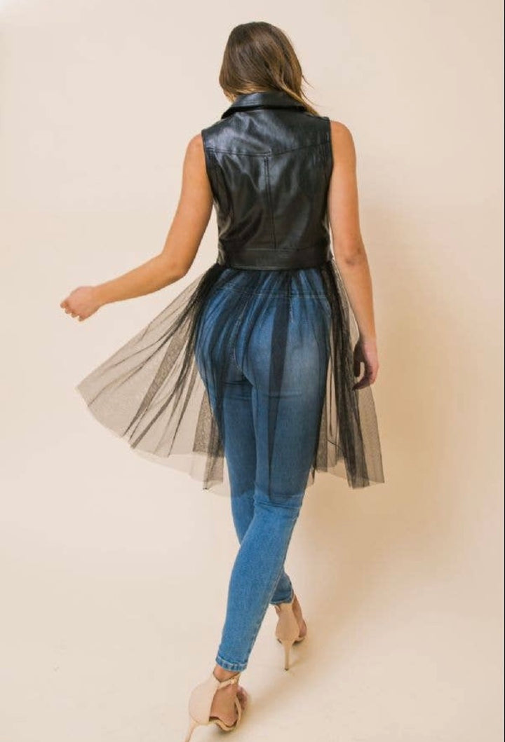 Vegan Leather Moto Vest with Tulle Skirting
