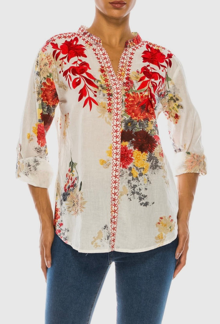 Tropical Floral Printed Tunic with Embroidery