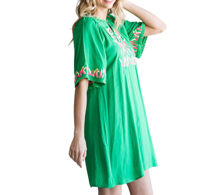 Embroidered Kelly Green Shift Dress