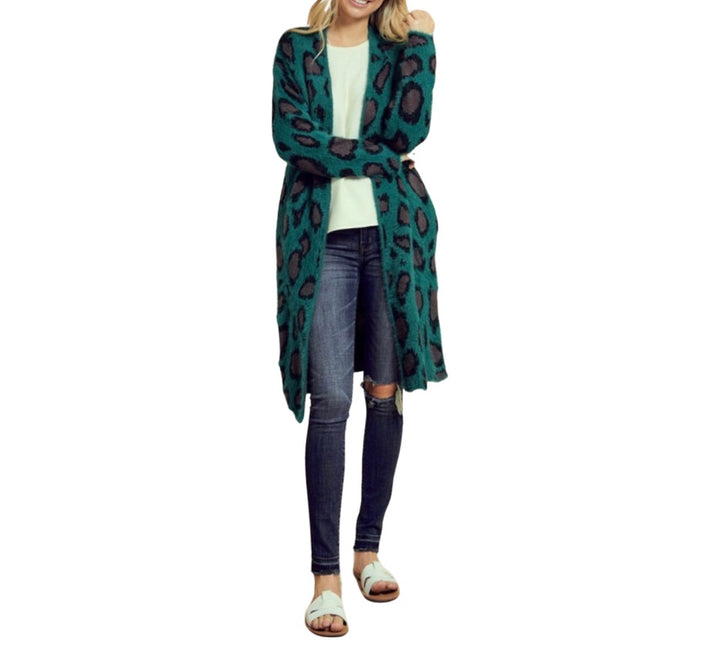 Forest Green Leopard Print Fuzzy Cardigan