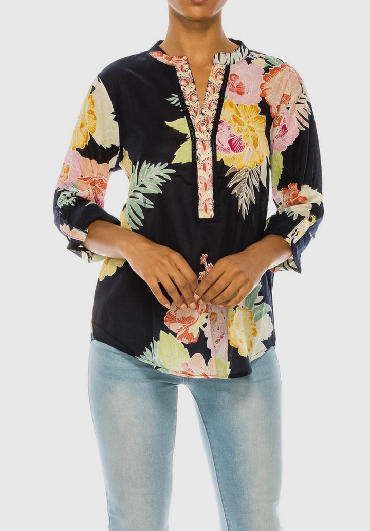 Tropical Floral Printed Tunic with Embroidery