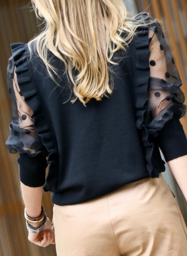 Black Sweater with Mesh Polka Dot Sleeves