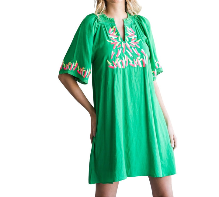 Embroidered Kelly Green Shift Dress