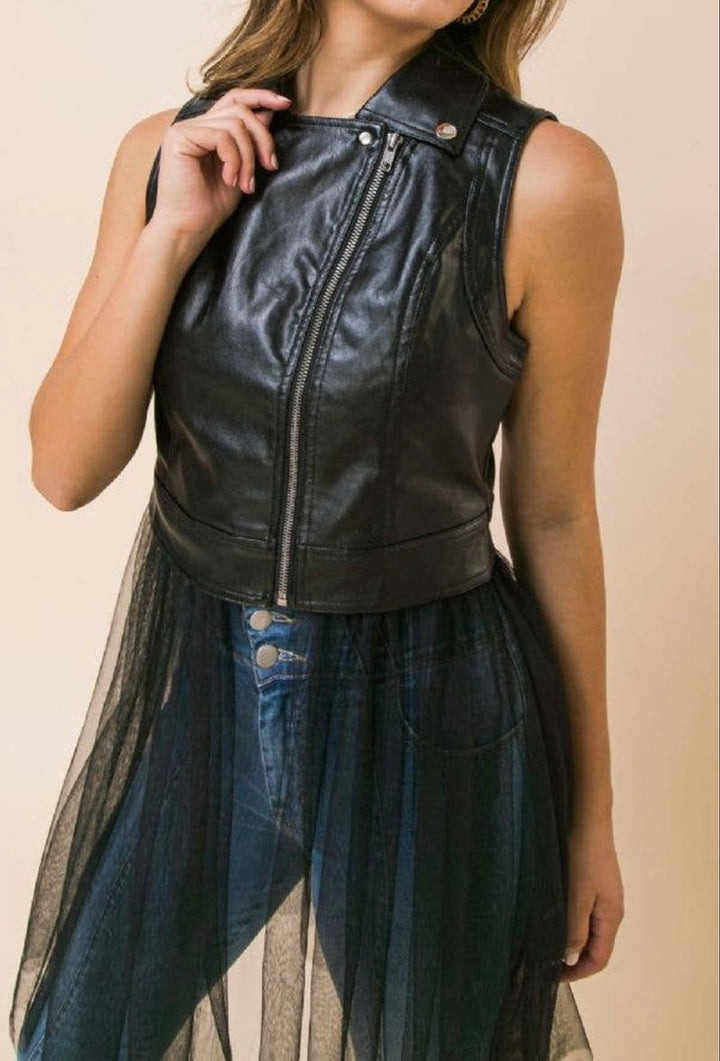 Vegan Leather Moto Vest with Tulle Skirting