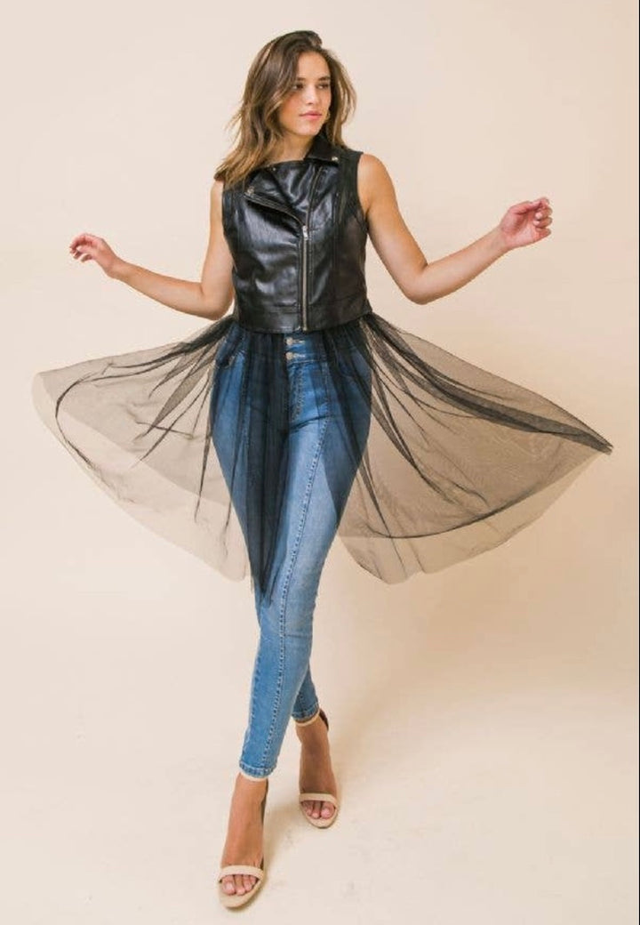 Vegan Leather Moto Vest with Tulle Skirting