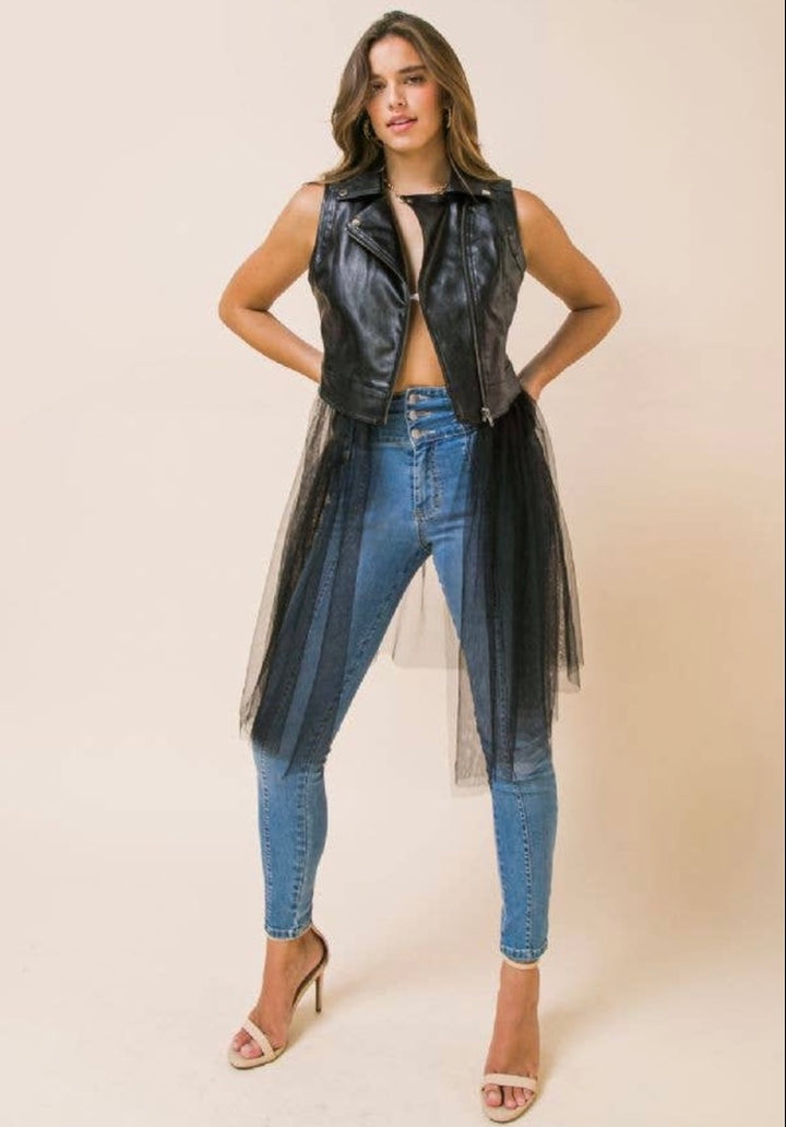 Vegan Leather Moto Vest with Tulle Skirting