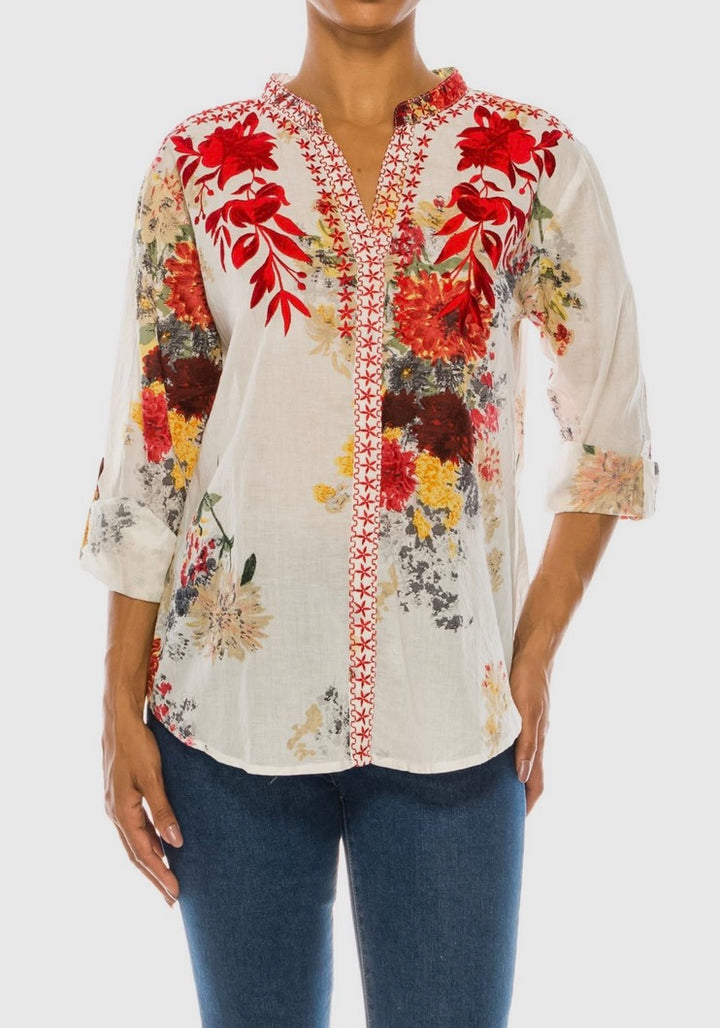 Tropical Floral Printed Tunic with Embroidery