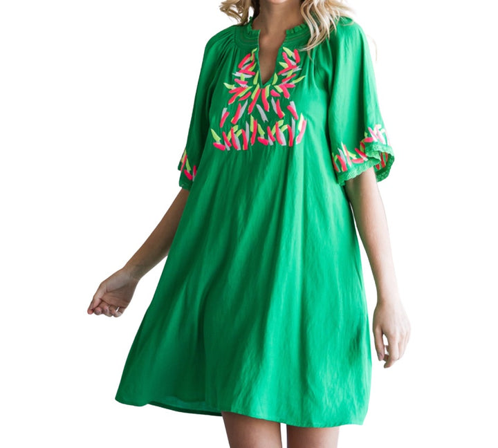 Embroidered Kelly Green Shift Dress