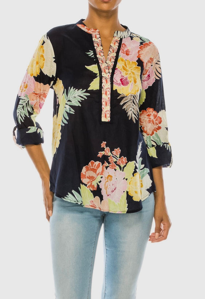 Tropical Floral Printed Tunic with Embroidery