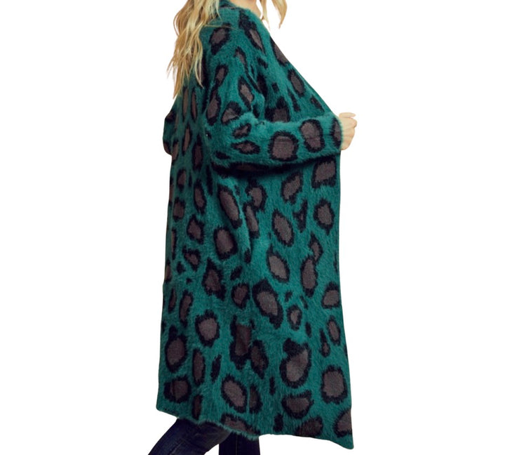 Forest Green Leopard Print Fuzzy Cardigan