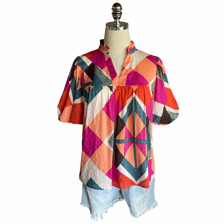 Abstract Puff Sleeve Top