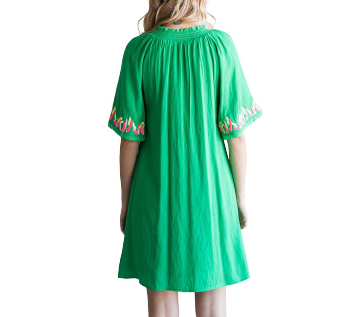Embroidered Kelly Green Shift Dress