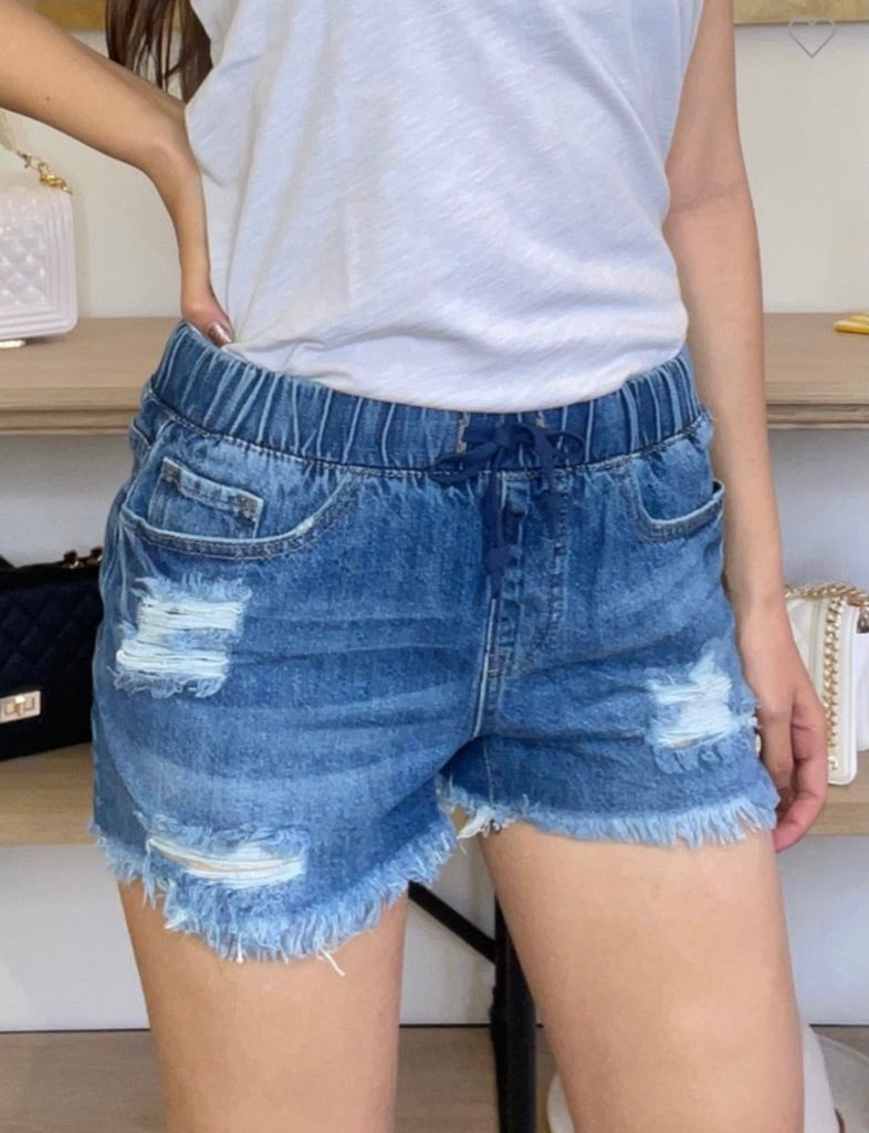 High Rise Jean Jogger Shorts With Tie Front in Dark Wash