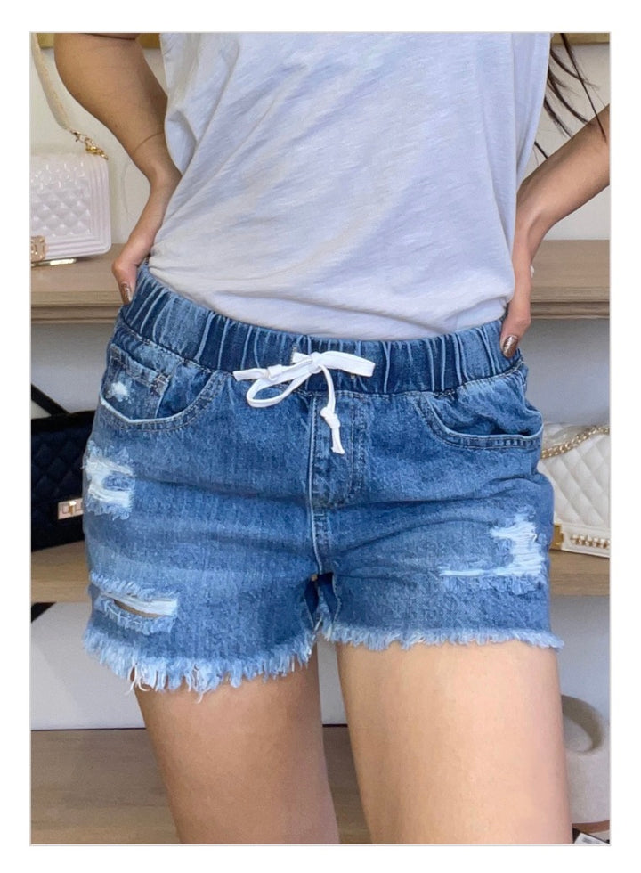 High-Rise Jean Jogger Shorts With Front Tie in Medium Wash