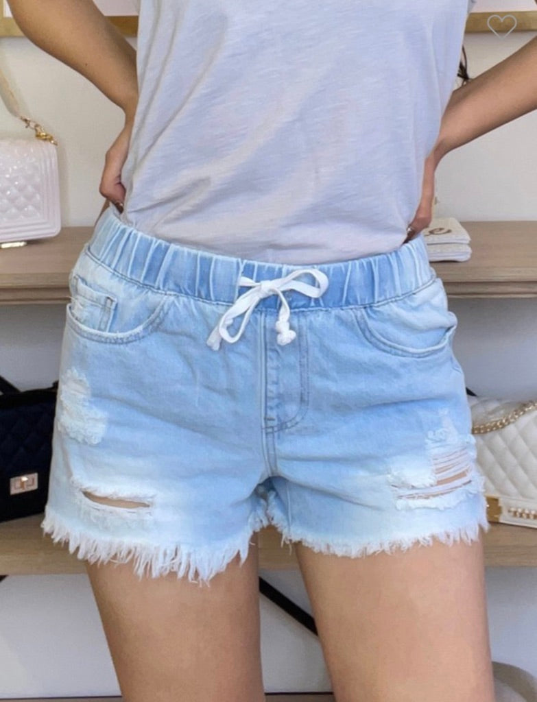 High Rise Jean Jogger Shorts With Front Tie in Light Wash
