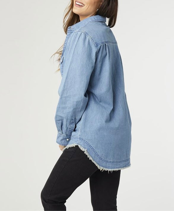 Denim Shirt with Fringed Hem