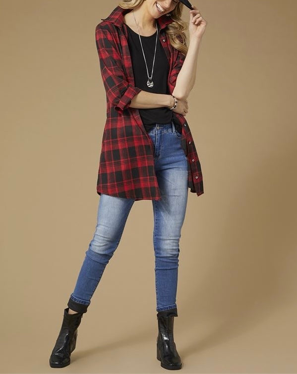 Red and Black Joy Plaid Button Front Tunic