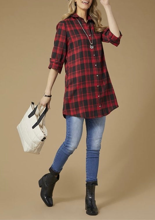 Red and Black Joy Plaid Button Front Tunic