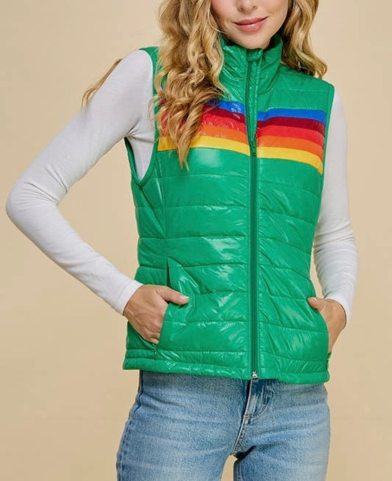 Shiny Green Puffer Vest with Stripes