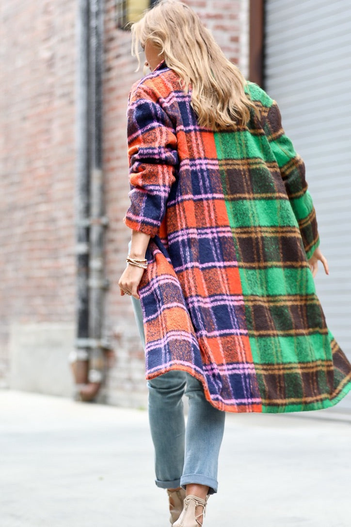 Multi-Color Plaid Button Down Coat