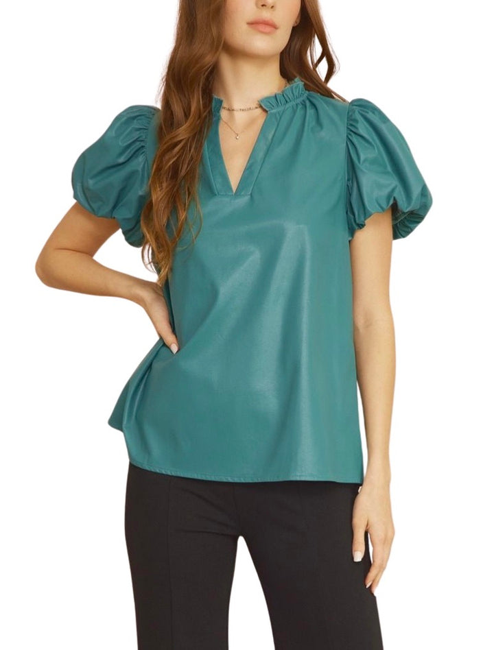 Teal Green Vegan Leather V-Neck Top