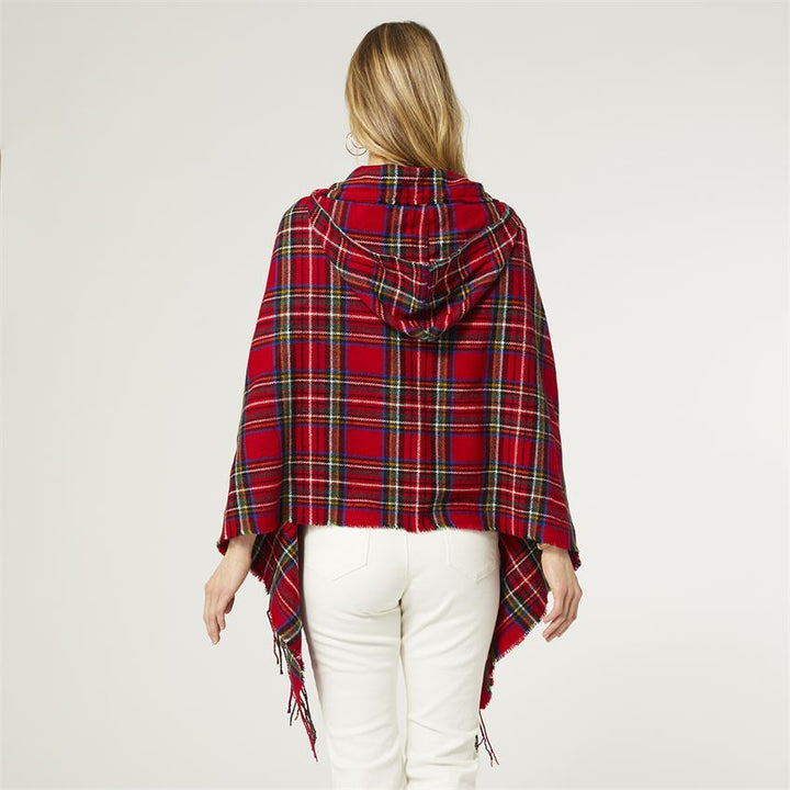 Red Plaid Hooded Ruana with Toggle Front