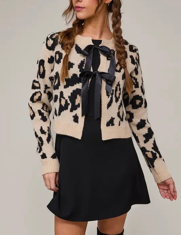 Cropped Leopard Cardigan with Satin Bow Ties