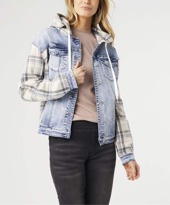 Denim Jacket with Flannel Sleeves and Hoodie