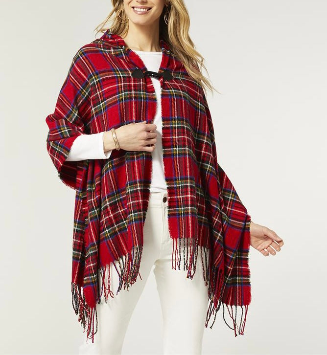 Red Plaid Hooded Ruana with Toggle Front