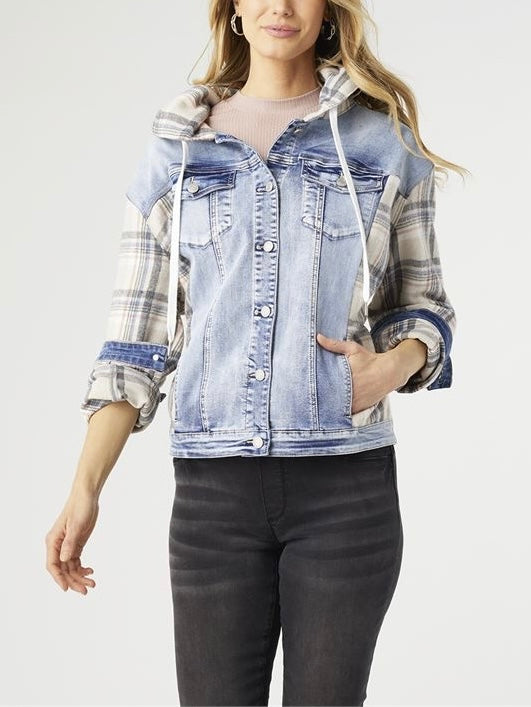 Denim Jacket with Flannel Sleeves and Hoodie