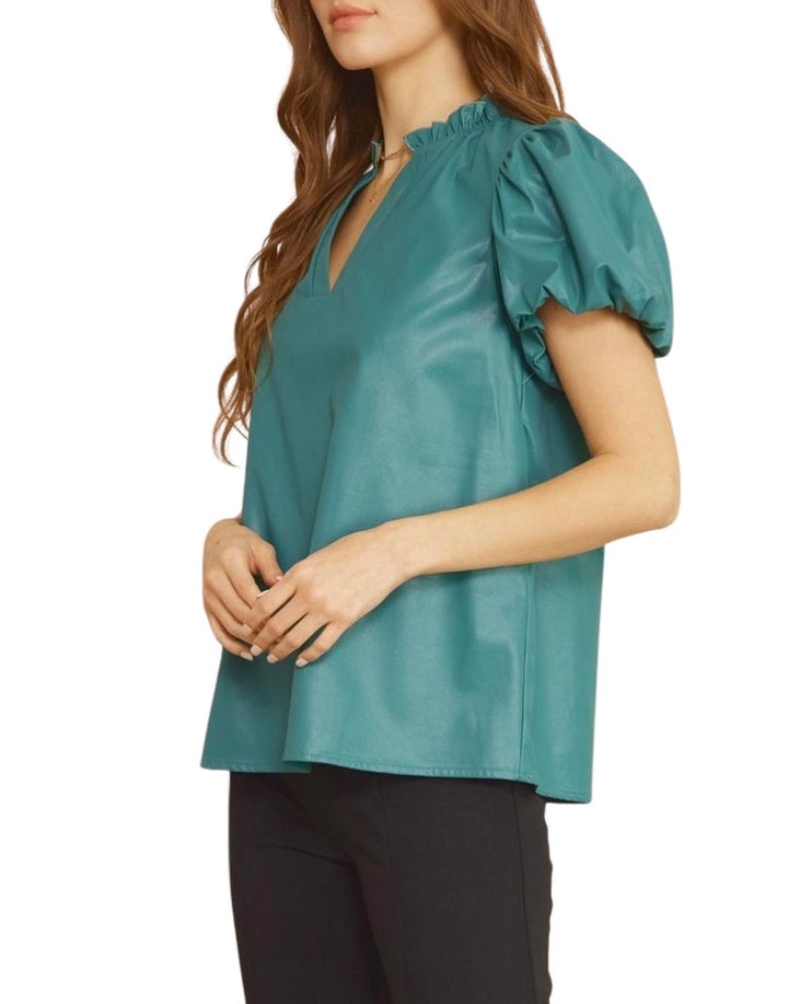 Teal Green Vegan Leather V-Neck Top