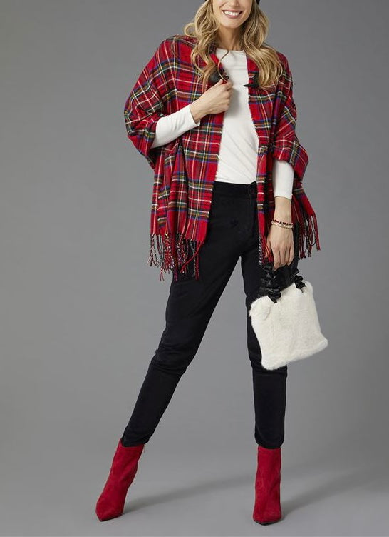 Red Plaid Hooded Ruana with Toggle Front