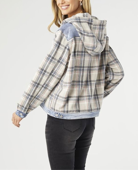 Denim Jacket with Flannel Sleeves and Hoodie