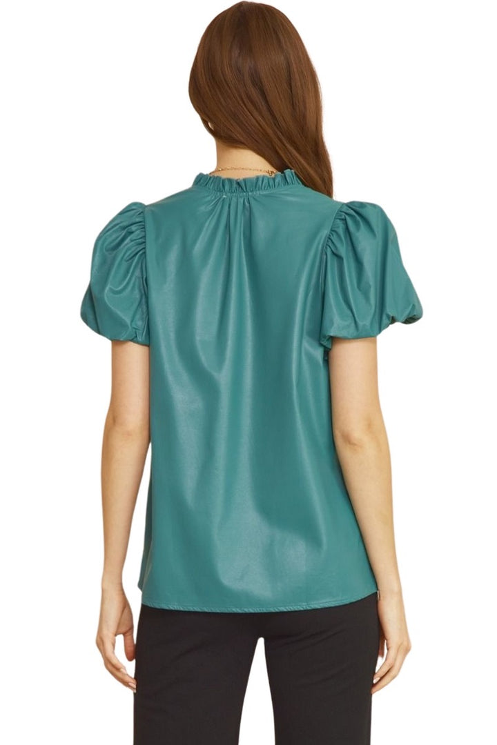 Teal Green Vegan Leather V-Neck Top